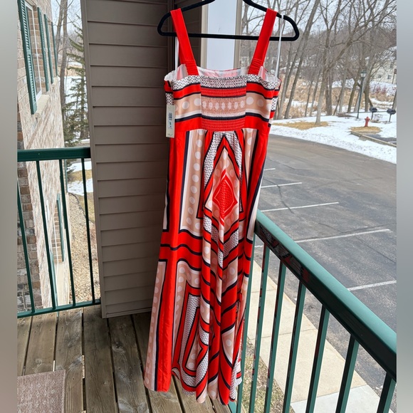 🆕🌹Eliza J Red Geometric Print Maxi Dress Size 8P Smocked Summer Midi Maxi Dress - Picture 4 of 14